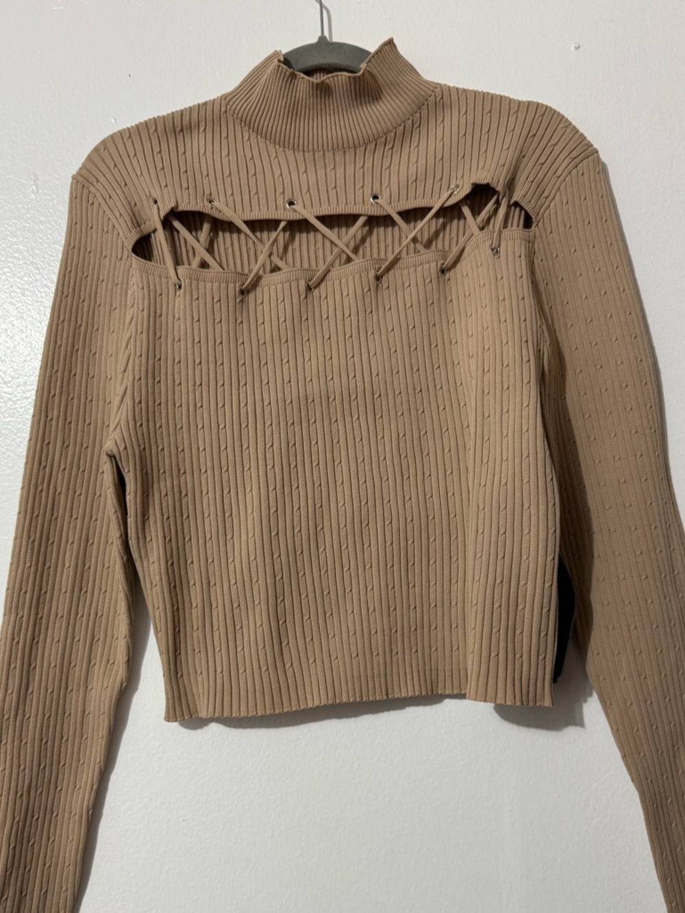 Roma Tan Ribbed Lace-Detail Mock Neck Sweater
